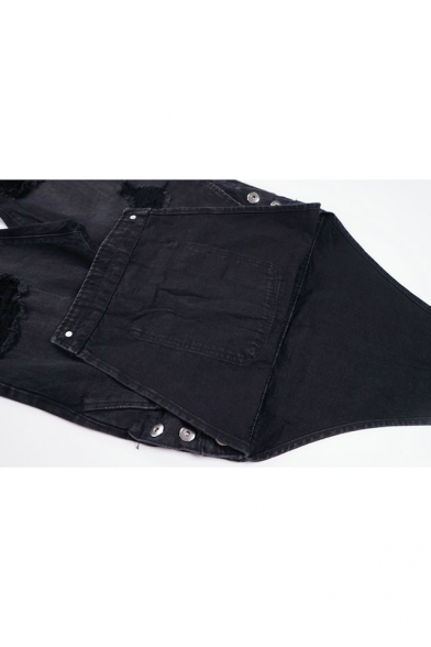 Guys Vintage Hip Hop Fashion Ripped Detail Denim Jeans Bib Overalls