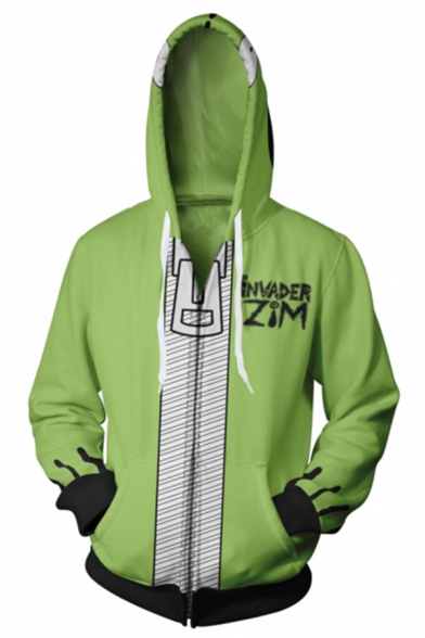 Invader Zim GIR Funny 3D Letter Printed Long Sleeve Zip Front Green Drawstring Hoodie