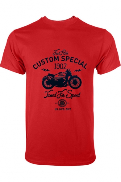 Letter CUSTOM SPECIAL Motorcycle Print Short Sleeve Cotton T-Shirt