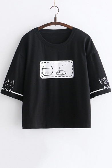 Lovely Fish Cat Letter Pattern Round Neck Short Sleeves Summer Loose Casual T-shirt