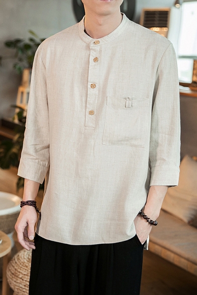 Men's Chinese Style Simple Plain Button Front Three-Quarter Sleeve Linen T-Shirt with Pocket
