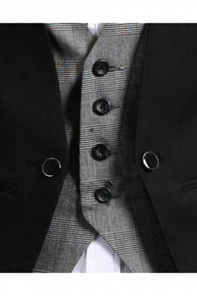 Men's Classic Plaid Printed Inside Button Down Slim Fit Cotton Black Fake Two-Piece Suit Vest