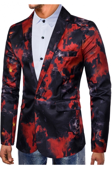 Men's Flame Printed Long Sleeve Single Button Notch Lapel Split Back Blazer Jacket