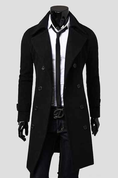 Men's New Fashion Plain Notched Lapel Collar Long Sleeve Double Breasted Wool Peacoat