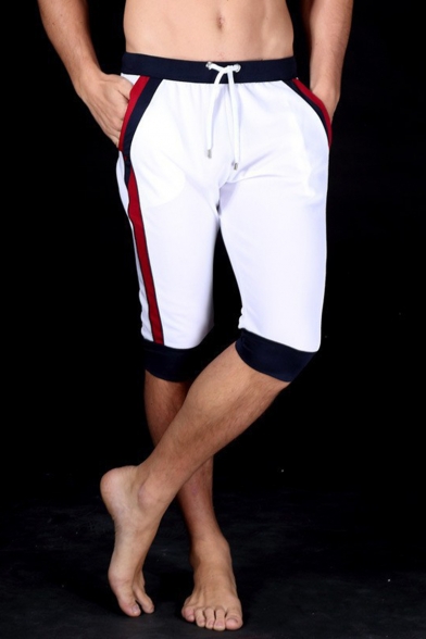 Men's New Trendy Drawstring Waist Fashion Color Block Striped Side Casual Sport Sweat Shorts