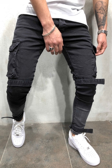 Men's Street Fashion Cool Flap-Pocket Side Velcro Patched Black Cargo Jeans