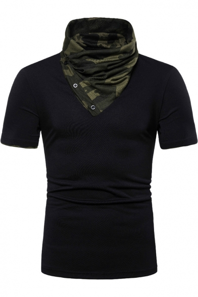 Men's Stylish Camo Printed Buttons Patch Cowl Neck Short Sleeves Casual T-Shirt