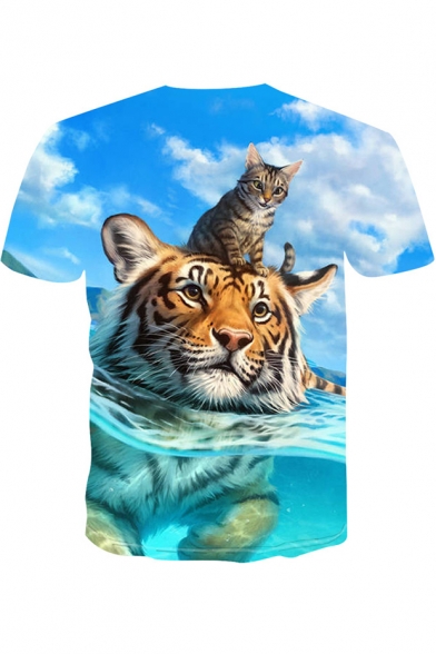 Men's Summer 3D Tiger Cat Printed Round Neck Short Sleeve Blue T-Shirt
