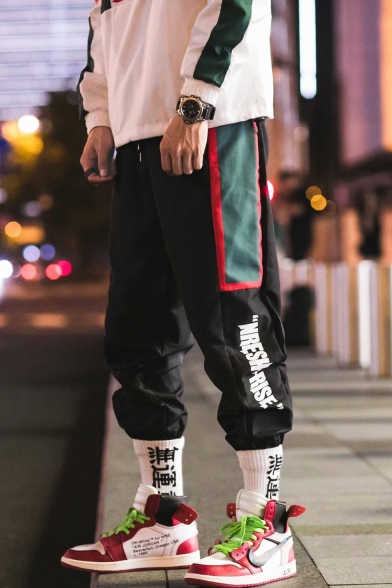 Mens Hip Hop Style Cool Letter Side Tape Patched Drawstring-Waist Loose Casual Track Pants