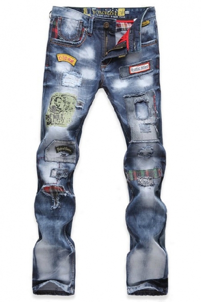 Mens Hot Fashion Figure Plaid Print Embroidery Letter Patched Slim Fit Light Blue Ripped Jeans
