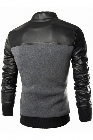 Mens New Stylish Stand-Collar Long Sleeve PU Patched Button Down Fitted Jacket