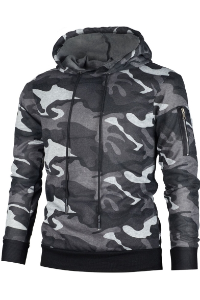 Mens Popular Fashion Zip Pocket Long Sleeve Classic Camo Print Fitted Hoodie