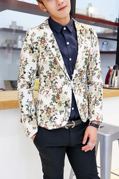 Mens Stylish Floral Print Long Sleeve Single Button Notched Lapel Split Back Skinny Suit Blazer