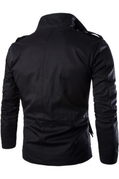 Mens Stylish Solid Multiple pockets Zip Button Casual Long Sleeve Drawstring Waist Jacket