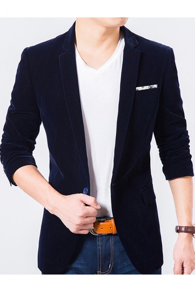 Mens Trendy Notched Lapel Velvet Long Sleeve Single Button Casual Slim Business Suit Blazer