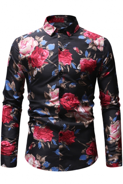 Mens Unique Allover Rose Pattern Long Sleeve Casual Button-Up Shirt