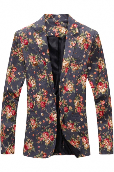 New Arrival Floral Print Single Button Notched Lapel Split Back Long Sleeve Mens Slim Blazer Jacket
