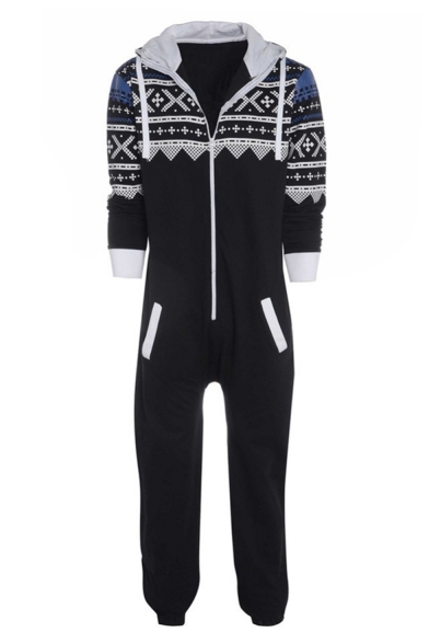 New Fashion Snowflake Printed Long Sleeve Hoodie Zip Up Black Loose Casual Jumpsuits