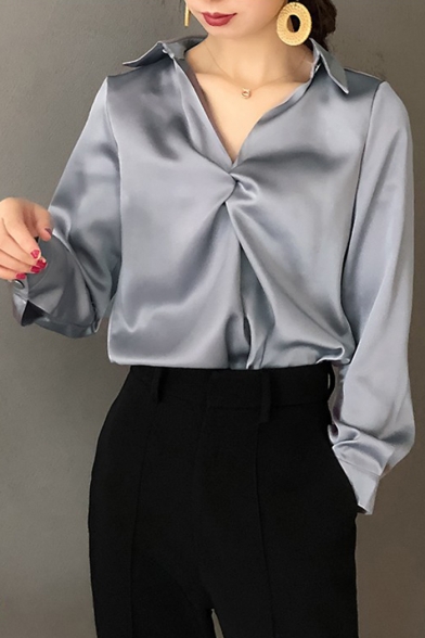 New Stylish Women's Plain V-Neck Kinking Design Long Sleeve Loose Blouse