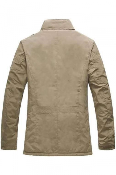 New Trendy Long Sleeve Stand Collar Epaulets Zip Up Khaki Business Casual Coat