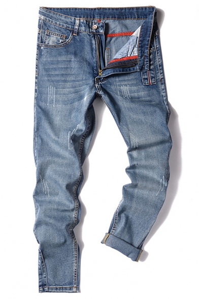 New Trendy Simple Plain Ripped Blue Stretch Slim Fit Jeans for Men
