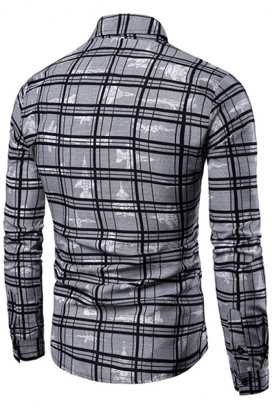 New Trendy Stripe Plaid Printed Casual Long Sleeve Button-Up Slim Grey Shirt for Men