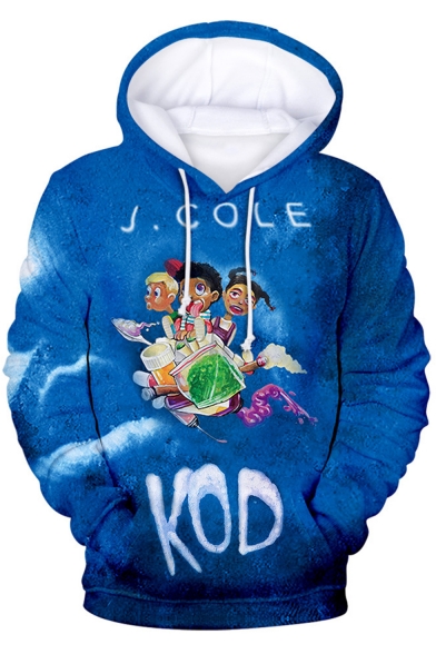 Popular American Rapper Fashion 3D Cartoon Figure Letter KOD Printed Long Sleeve Relaxed Fit Blue Pullover Hoodie