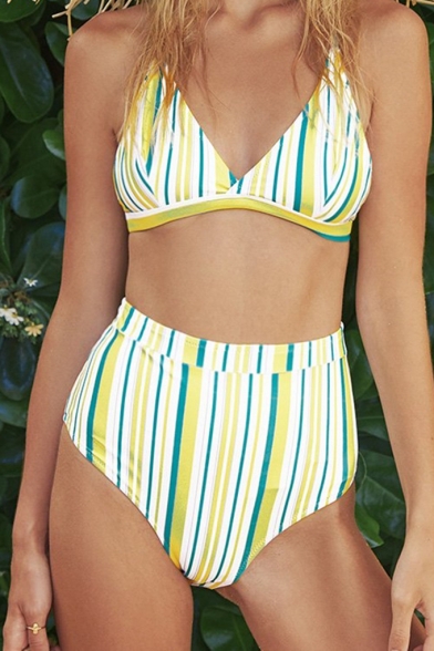 Sexy Colorful Striped Print Spaghetti Straps Sleeveless High Waist Bottom Bikini Swimwear