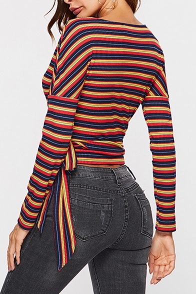 Sexy V-Neck Long Sleeve Color Block Stripes Tied Hem Cropped Knit Tee Top