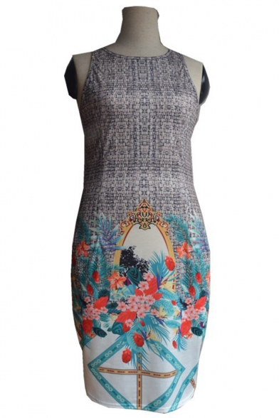 Stylish Floral Printed Round Neck Sleeveless Mini Bodycon Dress with Double Pockets