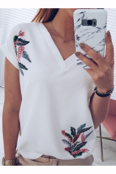 Summer Casual Leaf Printed V-Neck Short Sleeve Women's T-Shirt