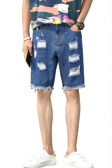 Summer Guys Distressed Ripped Frayed Hem Street Fashion Loose Fit Blue Denim Shorts