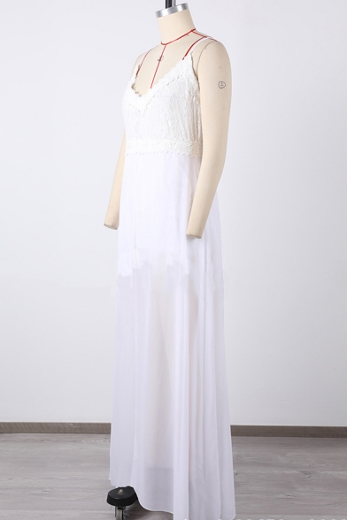 Summer New Stylish Solid Color V-Neck Split Front Maxi White Slip Dress