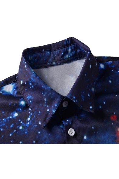 Summer New Trendy Galaxy Dinosaur Printed Lapel Collar Short Sleeve Mens Button-Down Blue Rompers Coveralls