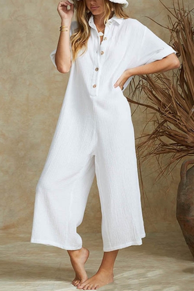 Summer New Trendy Solid Color Button-Front Wide-Leg Linen Casual Jumpsuits