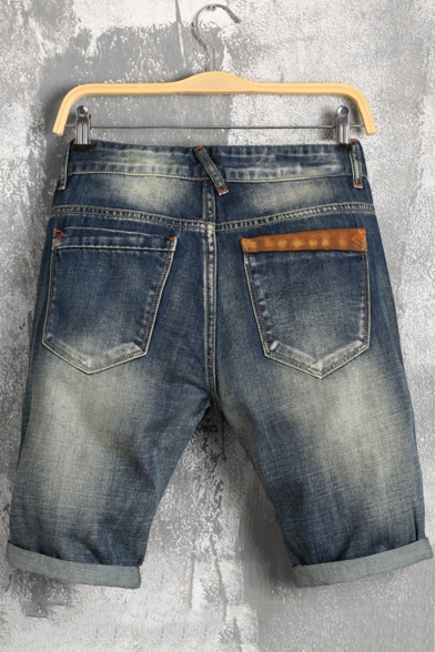 Summer Vintage Destroyed Ripped Detail Rolled Cuff Blue Denim Shorts for Guys