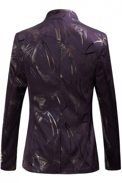Trendy Floral Print Stand Up Collar Long Sleeve Button Front Slim Fitted Mens Blazer Jacket