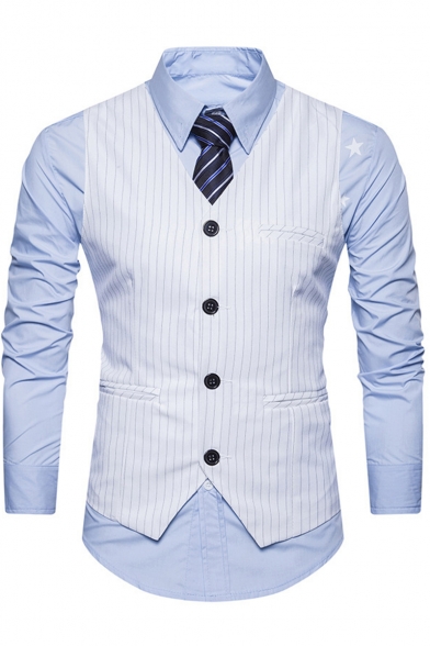 Vertical Stripes Printed Single Breasted Belt Back Mens Suit Vest