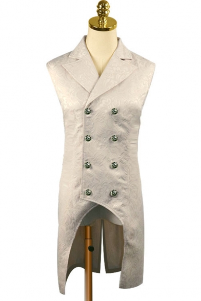 Vintage Floral Jacquard Lapel Collar Double Breasted Open Hem Longline Tuxedo Vest for Men