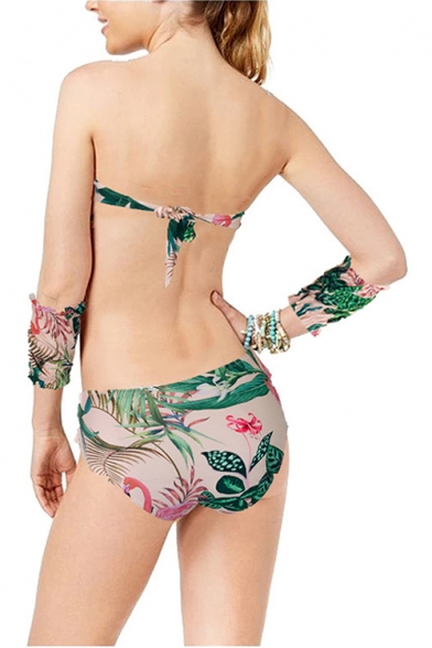 Vintage Tropical Floral Printed Bandeau Top High Waist Bottom Bikinis Swimwear