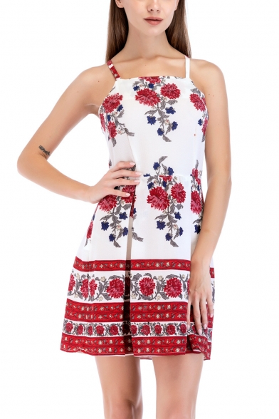 Women's Ethnic Floral Printed Spaghetti Straps Mini A-Line Slip Dress