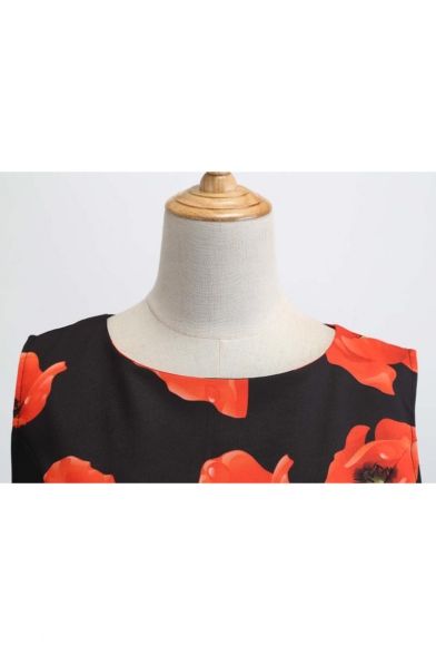 Women's Vintage Allover Floral Print Round Neck Sleeveless Bow-Tied Waist Black Midi Flare Dress
