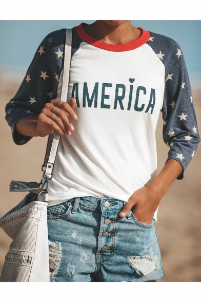 Womens Colorblocked Stars Letter AMERICA Printed Round Neck Three-Quarter Sleeve White T-Shirt