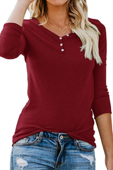Womens Popular V-Neck Buttons Patched Long Sleeve Simple Plain Casual T-Shirt