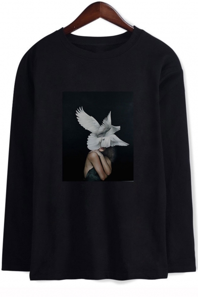 Aesthetics Popular Figure Birds Printed Round Neck Long Sleeve Unisex Loose T-Shirt
