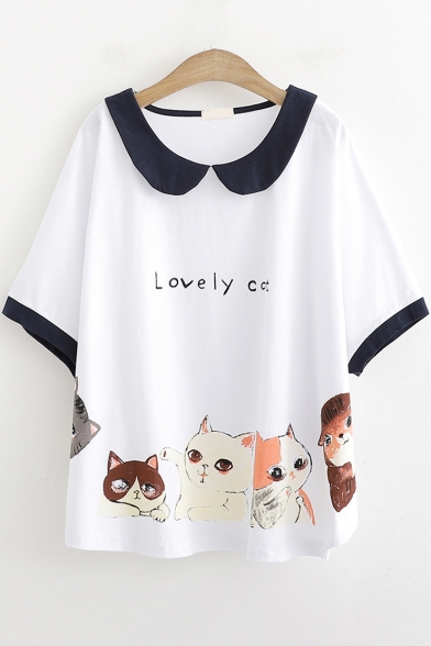 Cat Letter LOVELY CAT Printed Doll Collar Half Sleeve Loose Fit T-Shirt