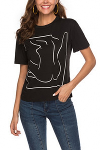 Cool Abstract Figure Printed Round Neck Short Sleeve Black T-Shirt