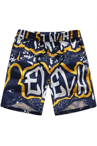 Drawstring Men's Trendy Letter Printed Fast Dry Cotton Loose Swim Shorts with Pockets