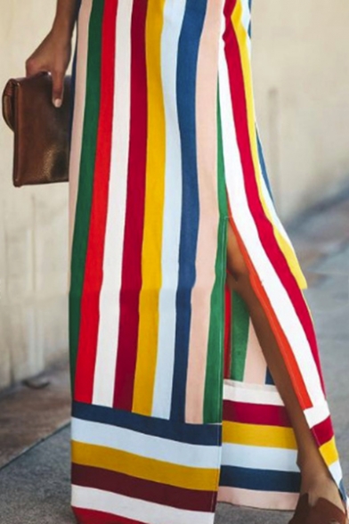 Fashion Rainbow Stripe Printed V-Neck Spaghetti Straps Split Side Maxi Slip Dress