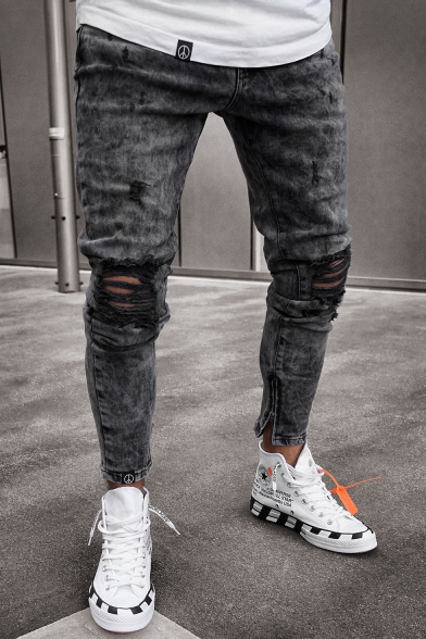 Guys Black Fashion Knee Cut Zip Embellished Distressed Slim Cropped Ripped Jeans